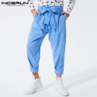 fashion men casual pants solid color joggers 2021 lace up trousers men streetwear baggy leisure pantalon with belt s 5xl incerun