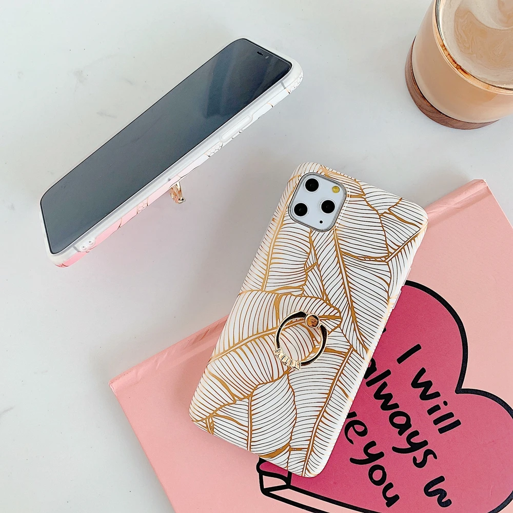 Для iPhone 11 Pro Max чехол Роза цветок золотой лист кольцо из ТПУ Стенд задняя крышка