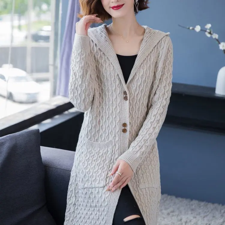 

Women 2021 Spring Autumn Chic Fashion Long Knitted Coats Female Hooded Long Sleeve Sweater Cardigans Casual Warm Overcoats E225