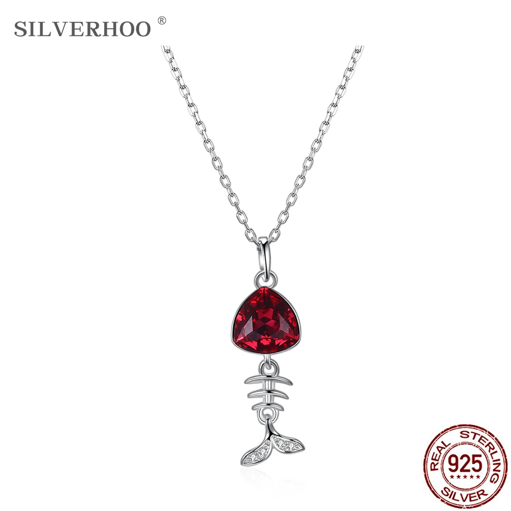 

SILVERHOO 925 Sterling Silver Lovely Little Fish Bone Pendant Necklace Good Looking Red Austria Crystal Collarbone Chains Gift