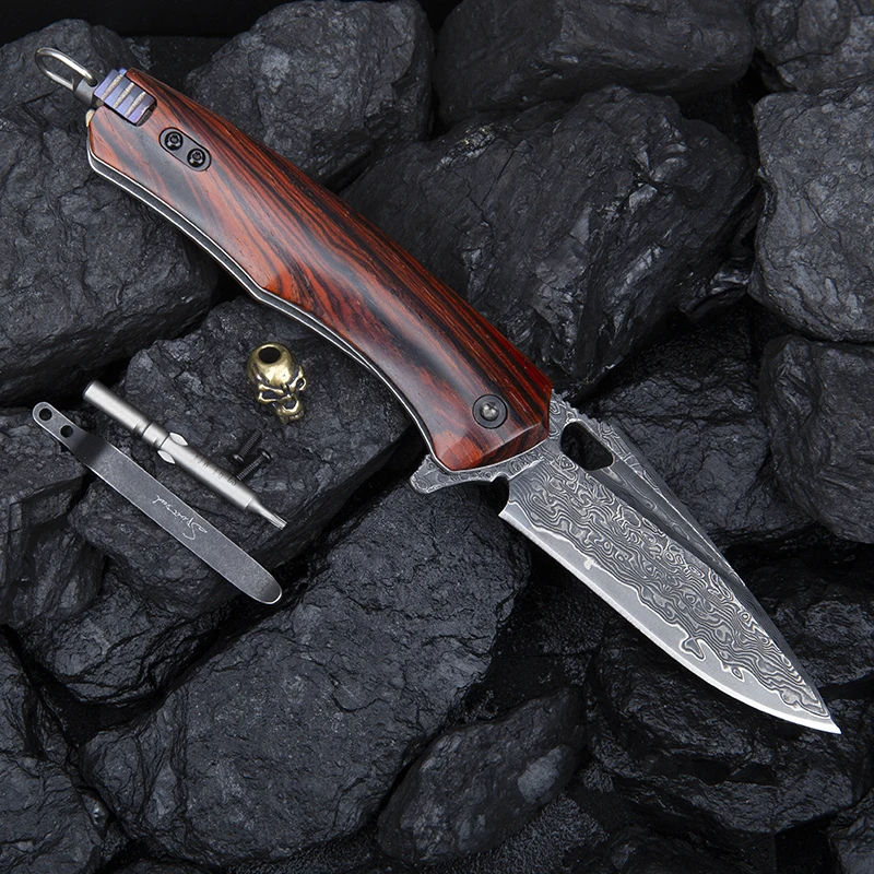 Multi-functional Folding Pocket Knife with EDC Clip Damascus Blade Rosewood Handle Emergency Hammer DIY Self-assembling Tool | Инструменты