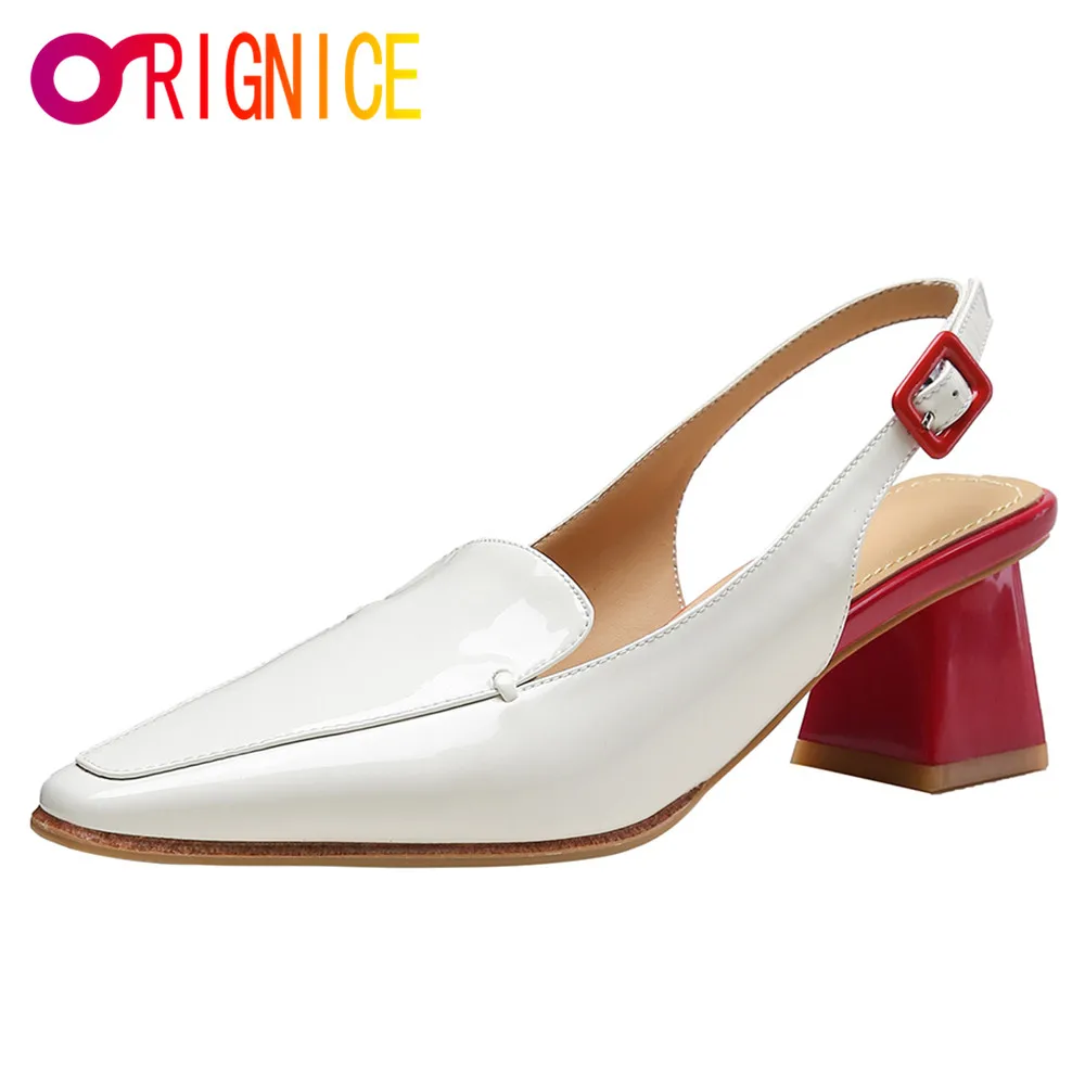 

Orignice 2021 New Chunky High Heels Women Patent Leather Slingback Pumps Spring Summer Wrap Toe Buckle Strap Casual Shoes