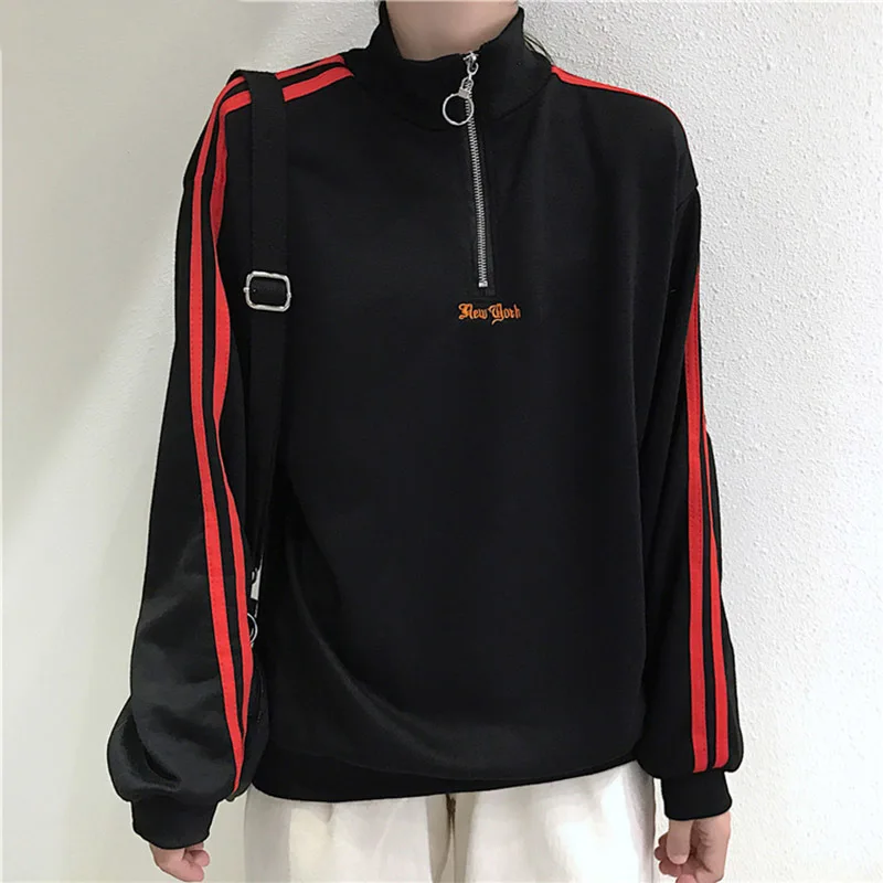 

Femme Pullovers New Loose Zipper Stand Collar Letter Long Sleeve Striped Casual Womens Harajuku Korean Students Sweatshirts