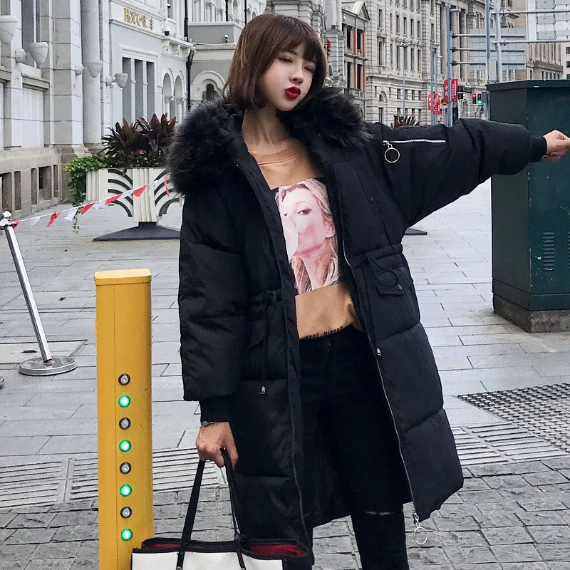 

Winter coat women beige S-3XL plus size loose fur hooded down cotton jackets Korean fashion black long thick warmth parkas LR878