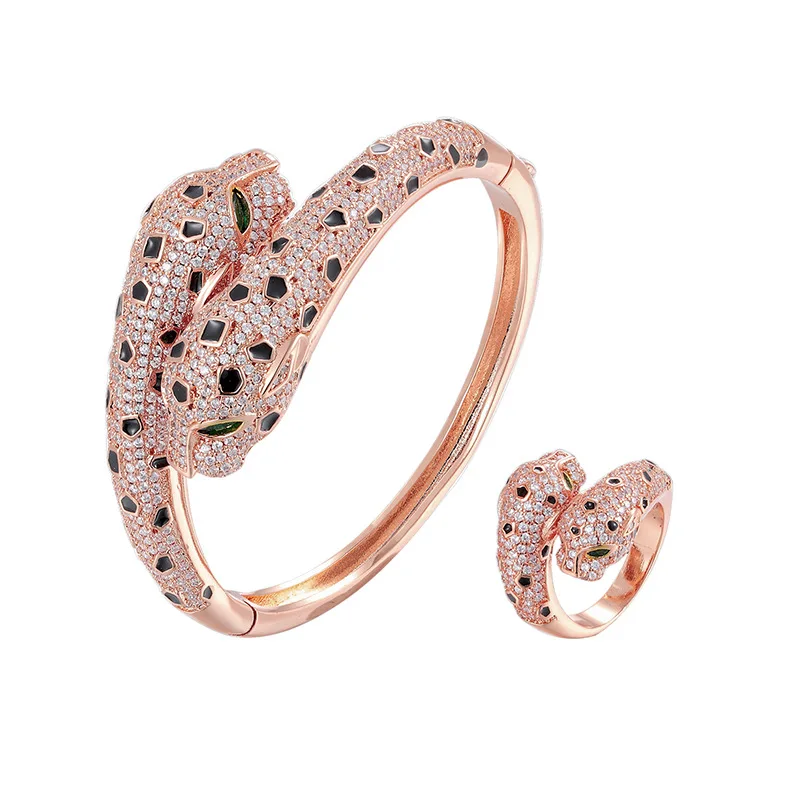 

Luxury Brand Bracelet double leopard head zircon COPPER BRACELET African Middle East wedding party female jewelry