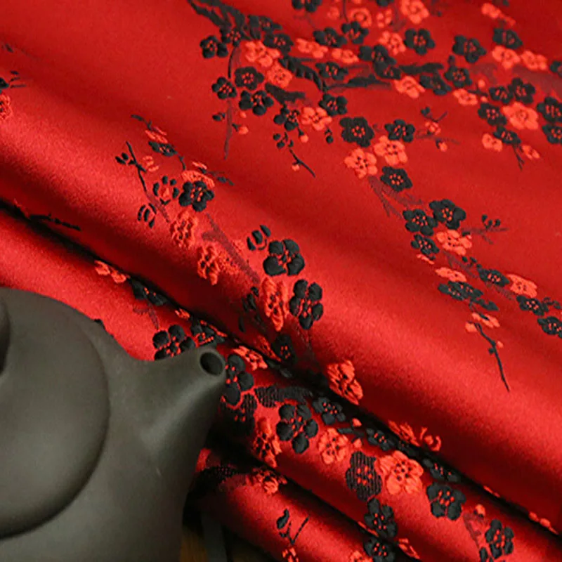 Жаккардовая ткань с цветком сливы Pretty черная красная жаккардовая 50 х72 см|Ткань| |