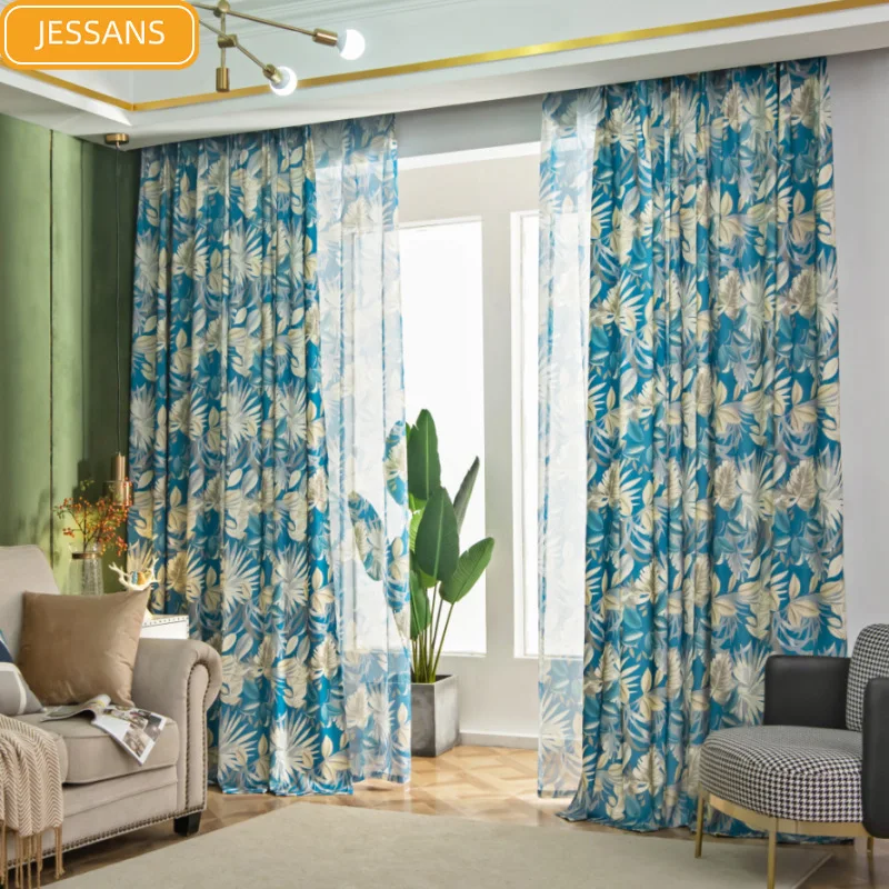 

Nordic Plant Printing Curtains for Living Room Bedroom Floor-to-ceiling Window Partition Curtains Customized Finished Products