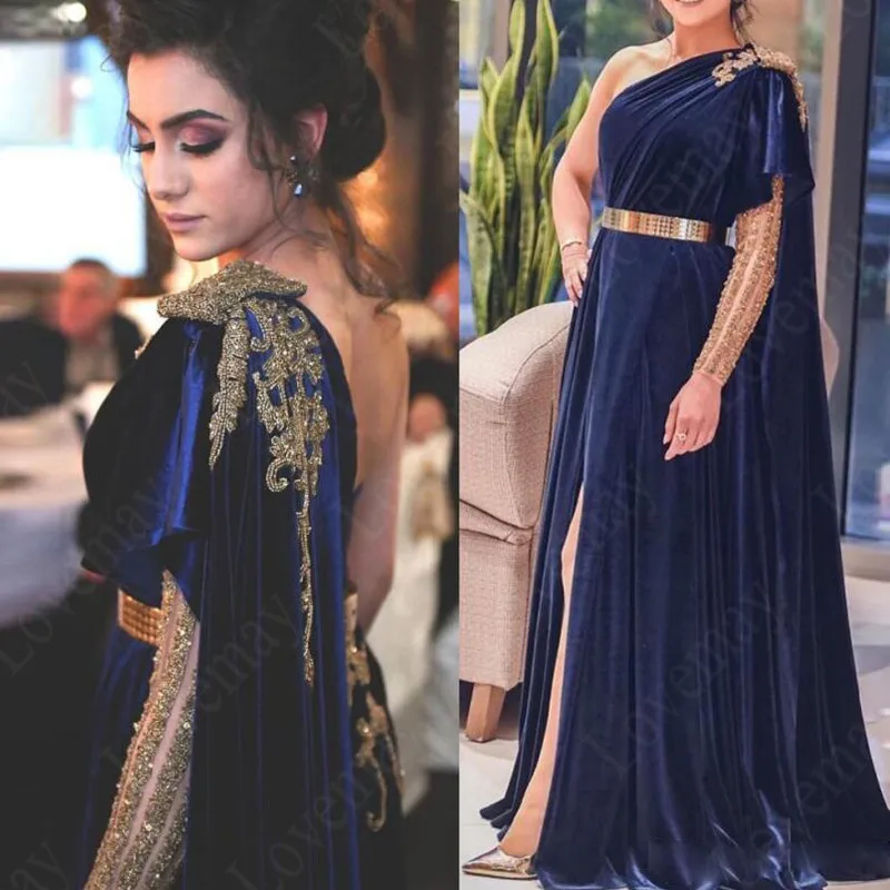 

Navy Blue Dubai Muslim Evening Dresses Long A-Line Velvet Formal Dress Gold Belt One Shoulder Leg Split Prom Gowns 2021
