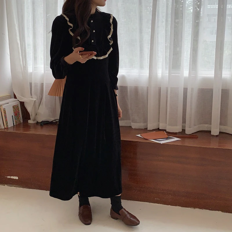 

O-Neck Retro Long Female Autumn Vestidos 2021 New Chic Velvet French Pleated Dress Women Elegant Party