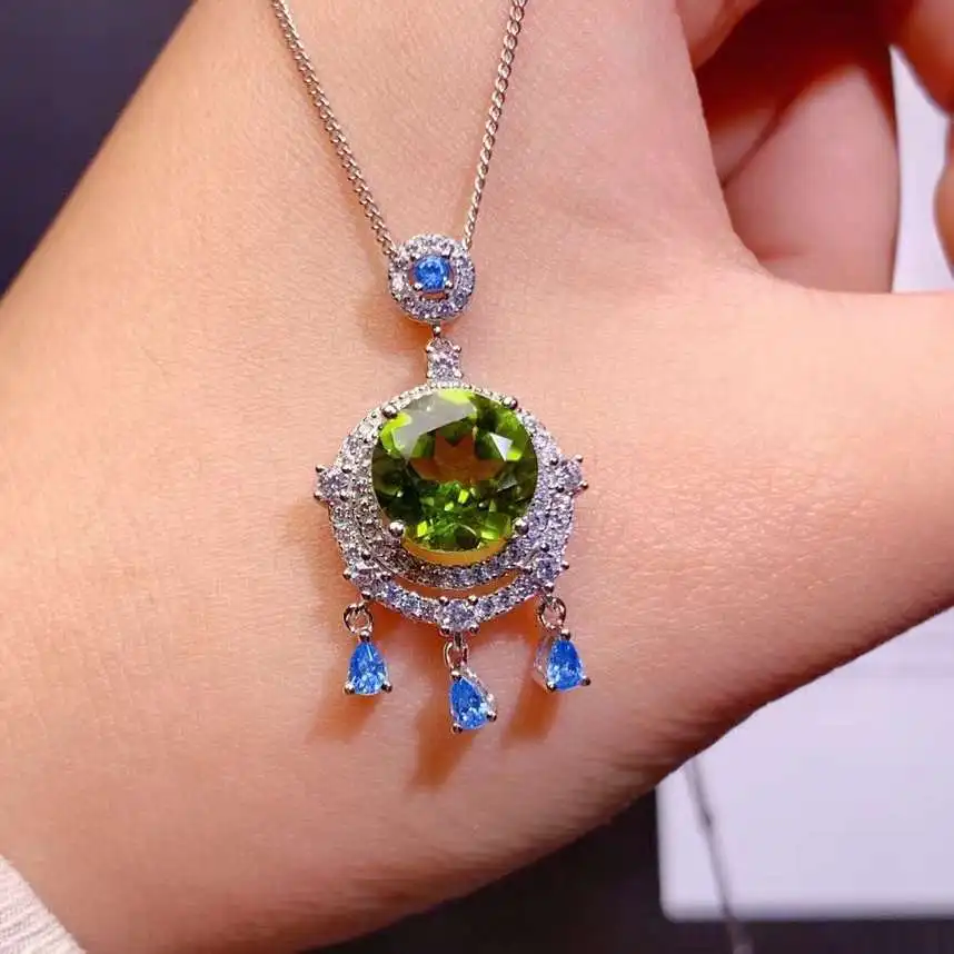 

Recruit wealth Lucky tassel natural green peridot Pendant natural olivine pendant S925 silver women girl party gift fine jewelry