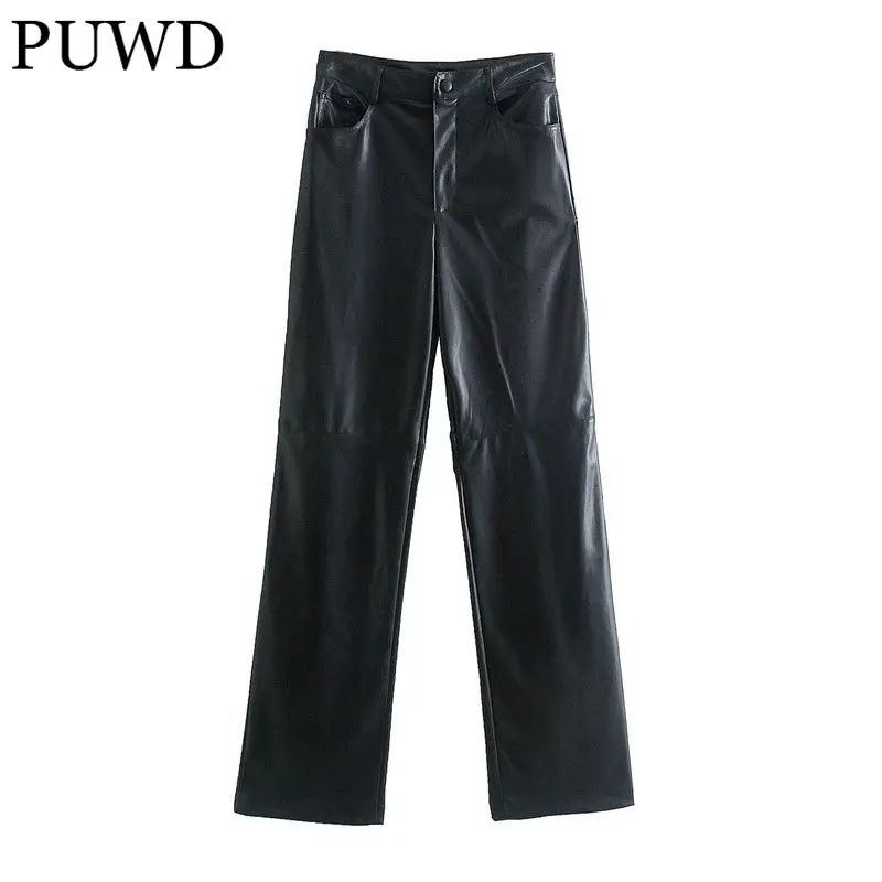 

PUWD Casual Women Straight pants 2021 Autumn Fashion Ladies High Street Pants Female Solid Color Flared Faux Leather Trousers