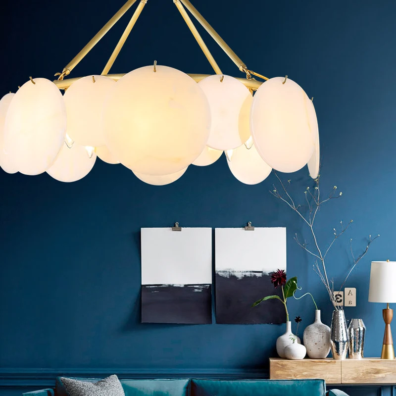 

American All copper white jade luxury chandelier home living room bedroom round small living room chandelier lights