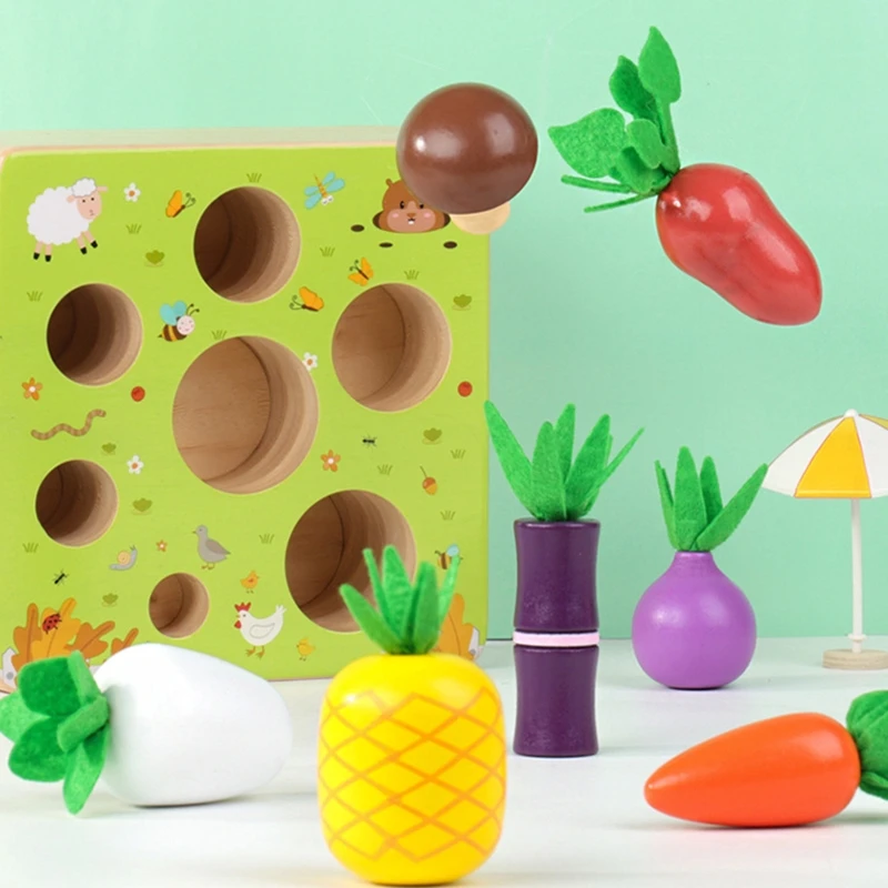 

Деревянные игрушки Монтессори для мальчиков и девочек 1- 2 лет, овощи и фрукты, сборный размер, сортировочный пазл, ствол Edu