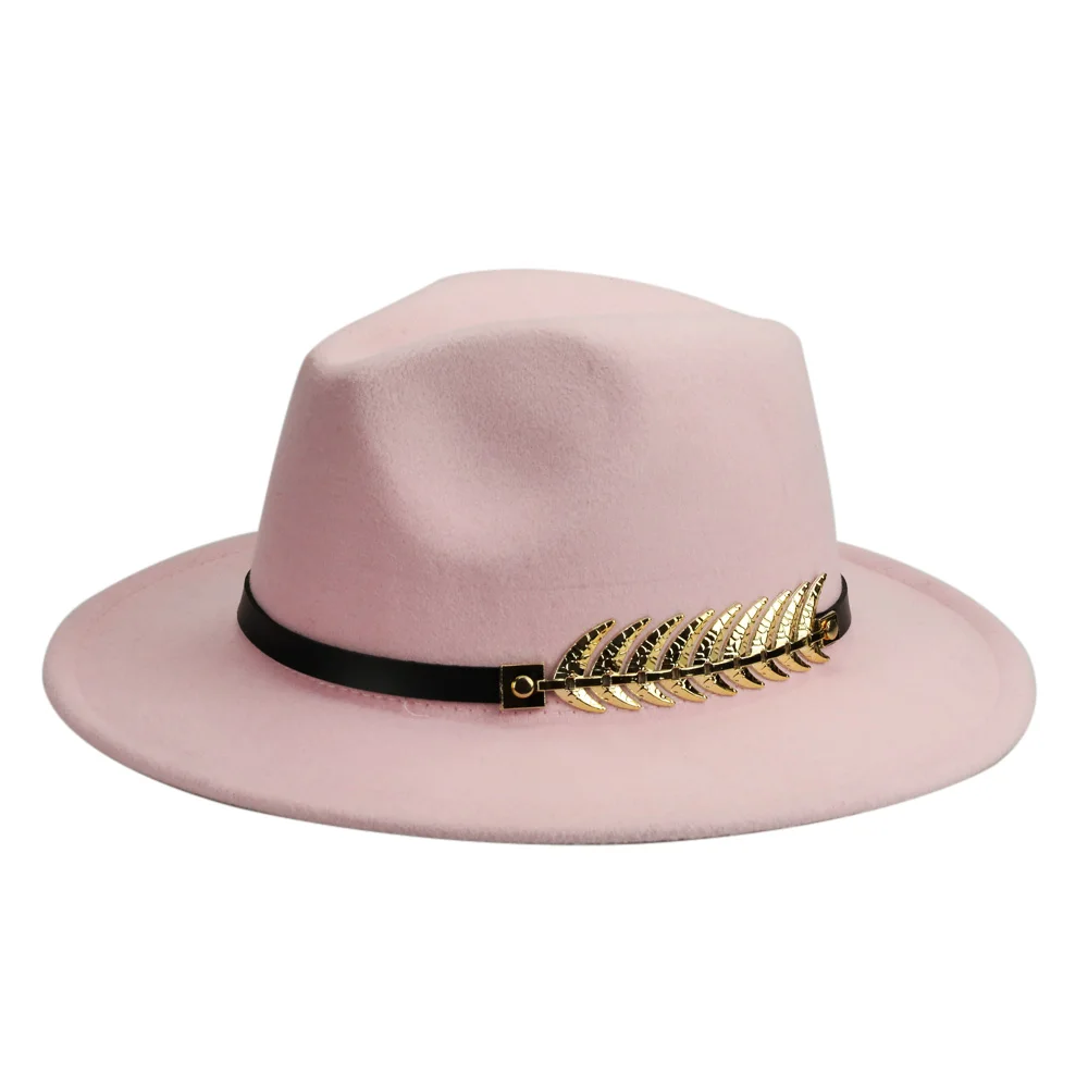 Pink trilby hat Зимняя фетровая шляпа с металлическим поясом, Женская фетровая шляпа с широкими полями, мужская фетровая шляпа, фетровая шляпа, Панама, кепки, винтажная верхняя шляпа, женская шапка YY18001 - Цвет: Pink trilby hat