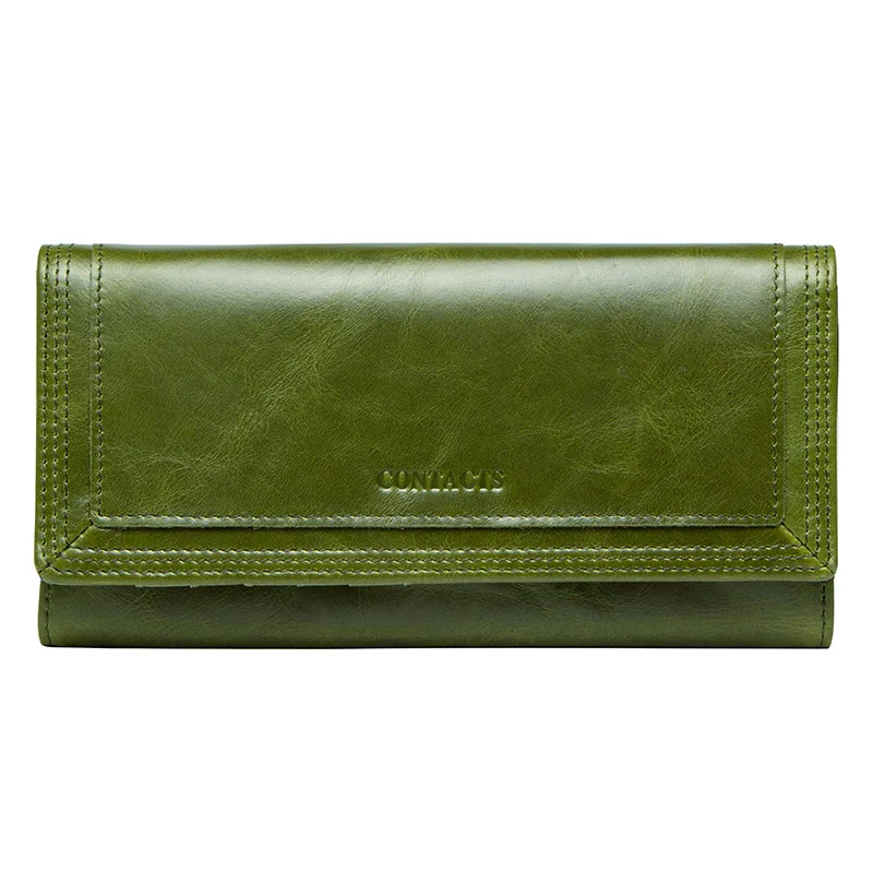 Contact's Fashion Women Wallets With Card Holder Genuine Leather Long Clutch Brand Design Female Coin Purses Cell Phone Pocket - Цвет: Green