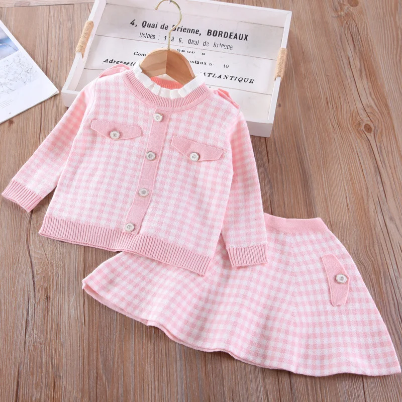 

Осенне-зимний комплект одежды для девочек в клетку, свитер с длинным рукавом, комплект из двух предметов с юбкой, женский модный кардиган, юб...