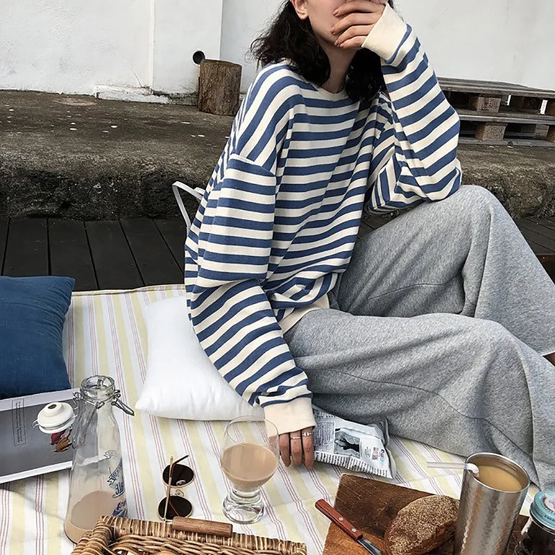 Cotton Sweatshirt Women Autumn Korean style Clothes Stripe Print Tops Long sleeve Loose Casual Sweetshirt Streetwear Sweat Shirt