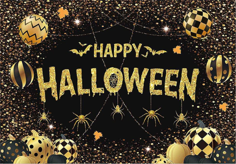 Happy Halloween Backdrop Black and Gold Hallowmas Party Banner Pumpkin Bat Spider Shining Background Cake Table Decor Supplies enlarge