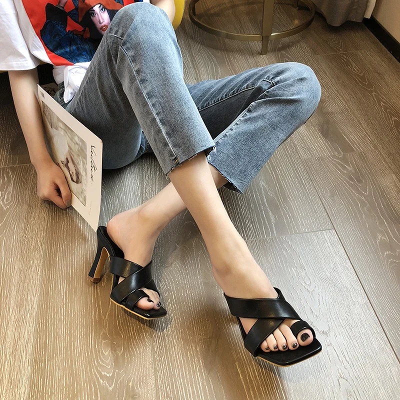 

Summer Narrow Band Womens Slippers Slip On Slides Fashion Design Square Toe Sandals Stiletto Heels Ladies Dress Shoes