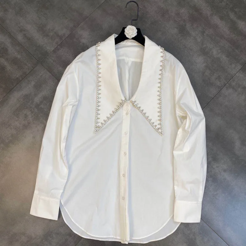 

PREPOMP 2022 Spring New Arrivals Long Sleeve Turn Down Collar Diamonds Loose White Shirt Women Casual GC378