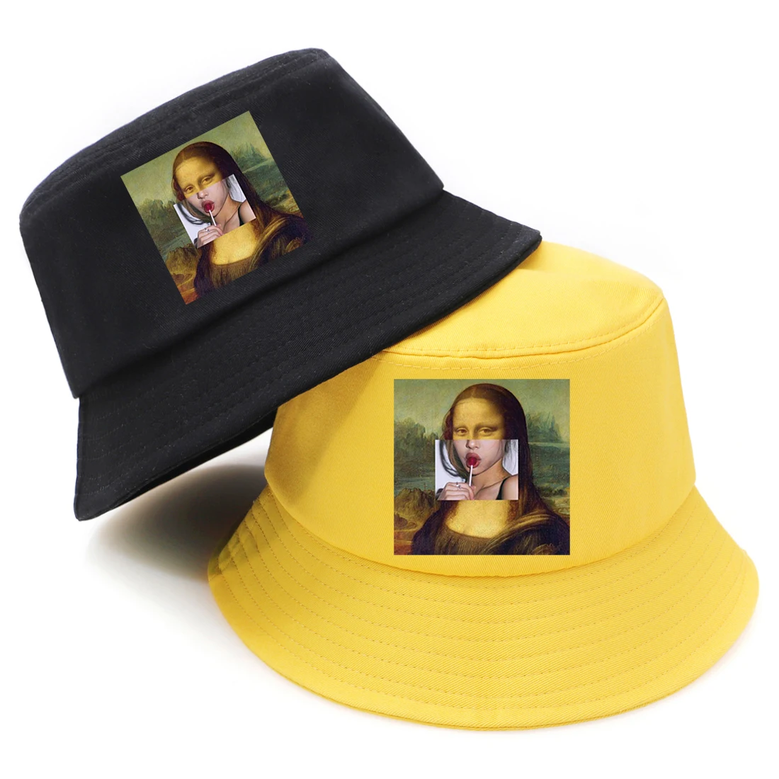 

Mona Lisa Tumblr Print Bucket Hats Summer Woman Outdoor Beach Sun Fisherman Cap Fashion Men Hip Hop Streetwear Panama Bucket Hat