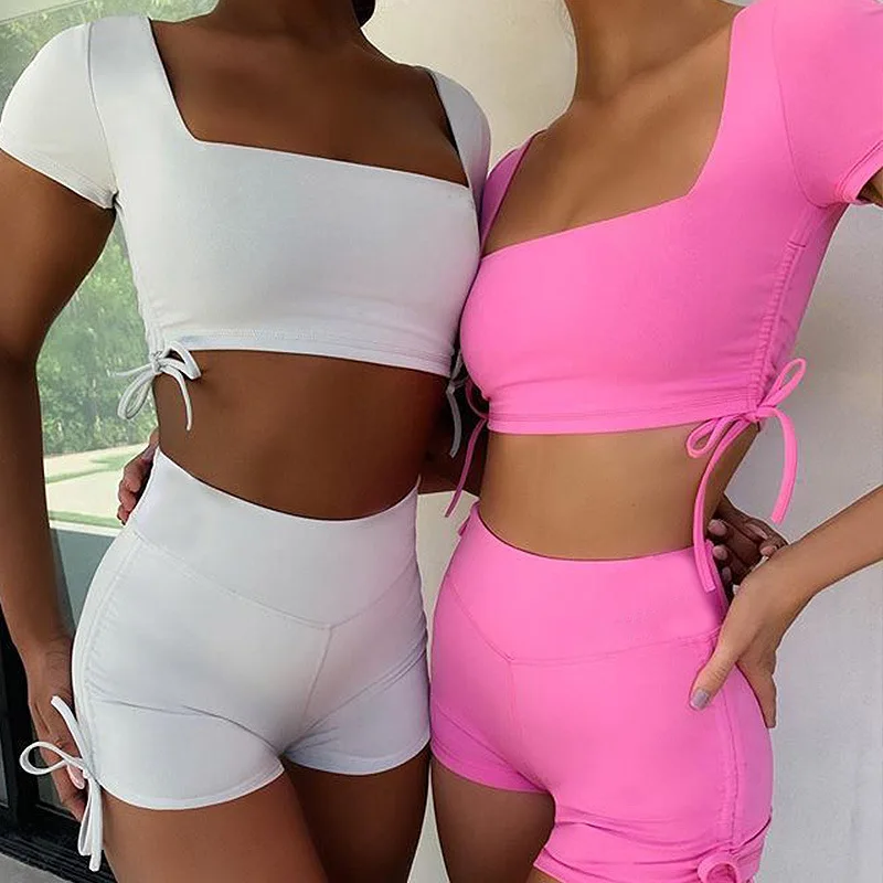 

2021 Women's Yoga Suit Bandage Square Neck Short Sleeve Halter Fitness Yoga Suit Suit Tight and Thin Running Sportswear