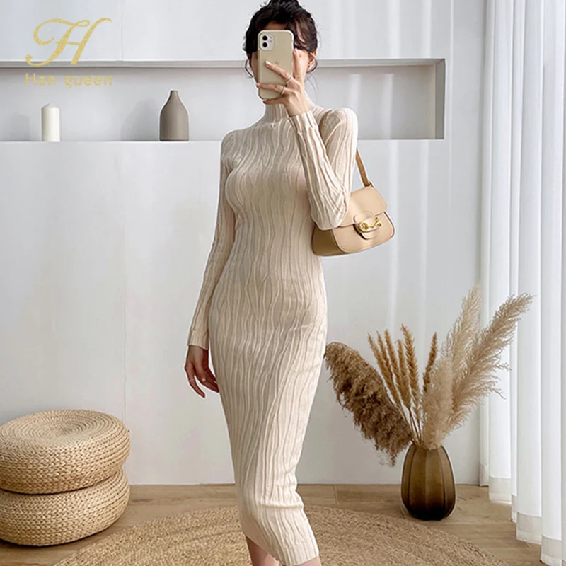 

H Han Queen New Casual Elasticity Knitted Bodycon Dress Bottoming Women Sweater Autumn Winter Midi Party Pencil Sheath Dresses