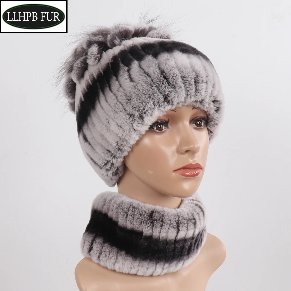 

Hot Sale Lady Knit Fur Hats Muffler 2 Pieces Women Warm Rex Rabbit Fur Hat Scarf Sets Winter Natural Rex Rabbit Fur Cap Scarves