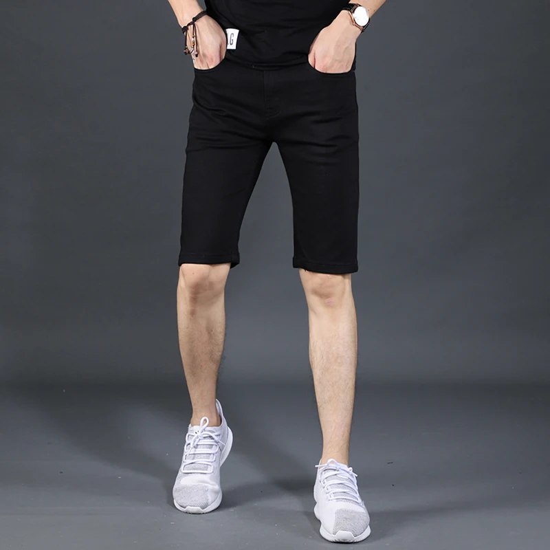 Men Black Denim Shorts Summer Jeans Fashion Korean Style Solid Color Straight Fit Stretch Pants