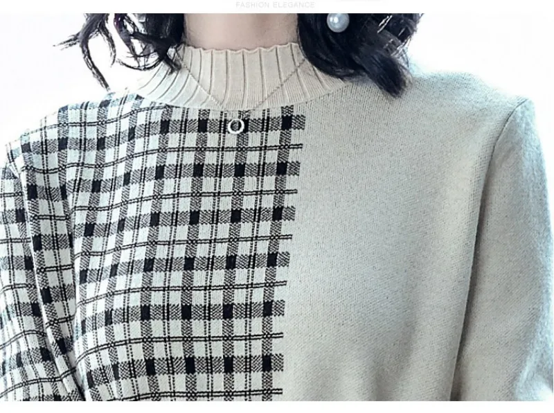Осенне-зимнее женское элегантное платье-свитер с клетчатым узором трикотажное