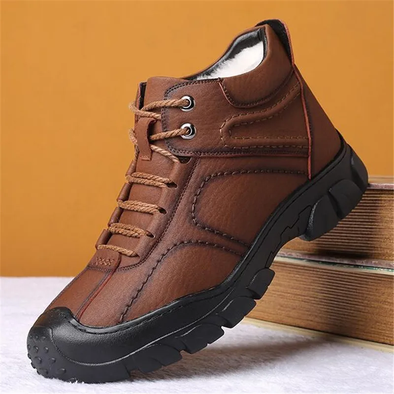 Мужские теплые кожаные ботинки со шнуровкой коричневые ботильоны с плюшевой
