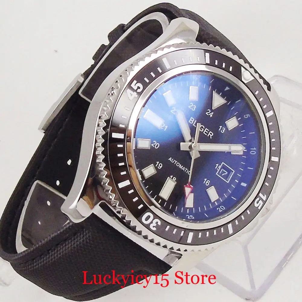 BLIGER 44mm Black Dial MIYOTA Movement Men Self Winding Watches Wristwatch Rotating Bezel