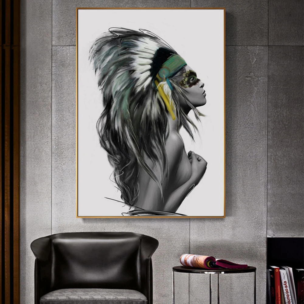 

Indian Makeup Girl Feather Canvas Prints Beauty Posters Wall Art Canvas Paintings Nordic Pictures Living Room Home Decoration