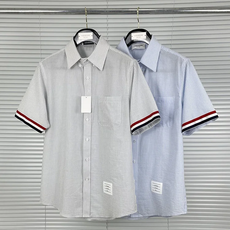 

2021 Fashion TB THOM Brand Shirts Men Slim Fit Short Sleeve Casual Striped Shirt Summer Turn Down Collar Cotton Men's Clothing