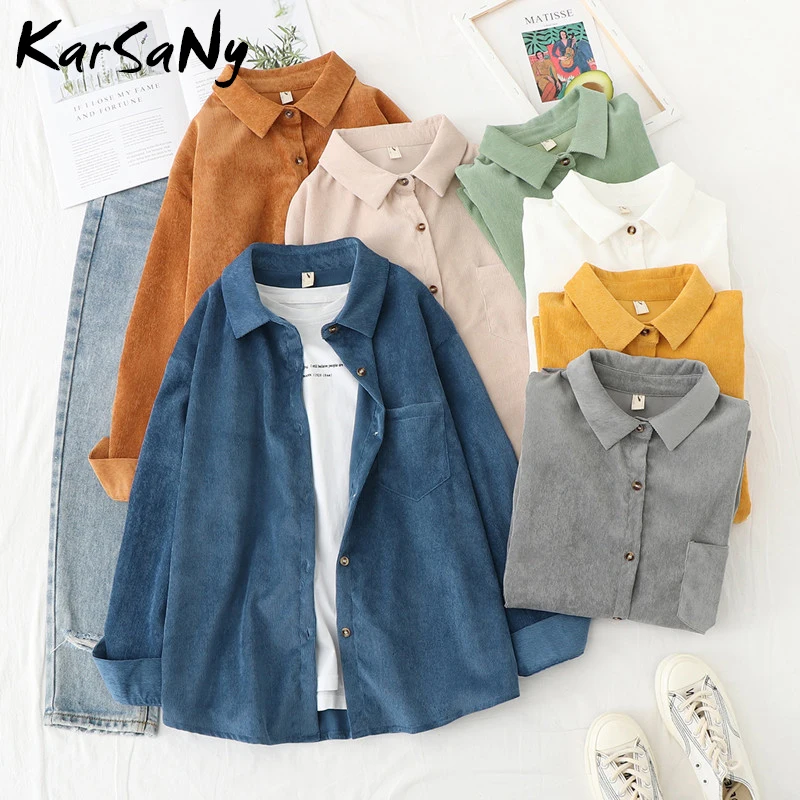 Corduroy Boyfriend Shirt Women Spring Solid Vintage White Blouses And Tops Female Long Sleeve Loose Button Up Shirt Form Women