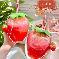 creative strawberry straw cup plastic cup cute with accessories milk tea cup student water cup water bottle decoration cup gift