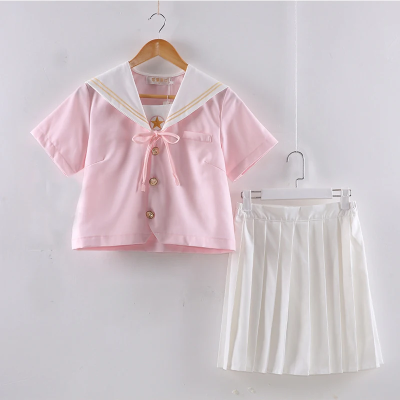 Японская школьная форма для девочек Летние розовые Топы + белая юбка JK Sailor Одежда