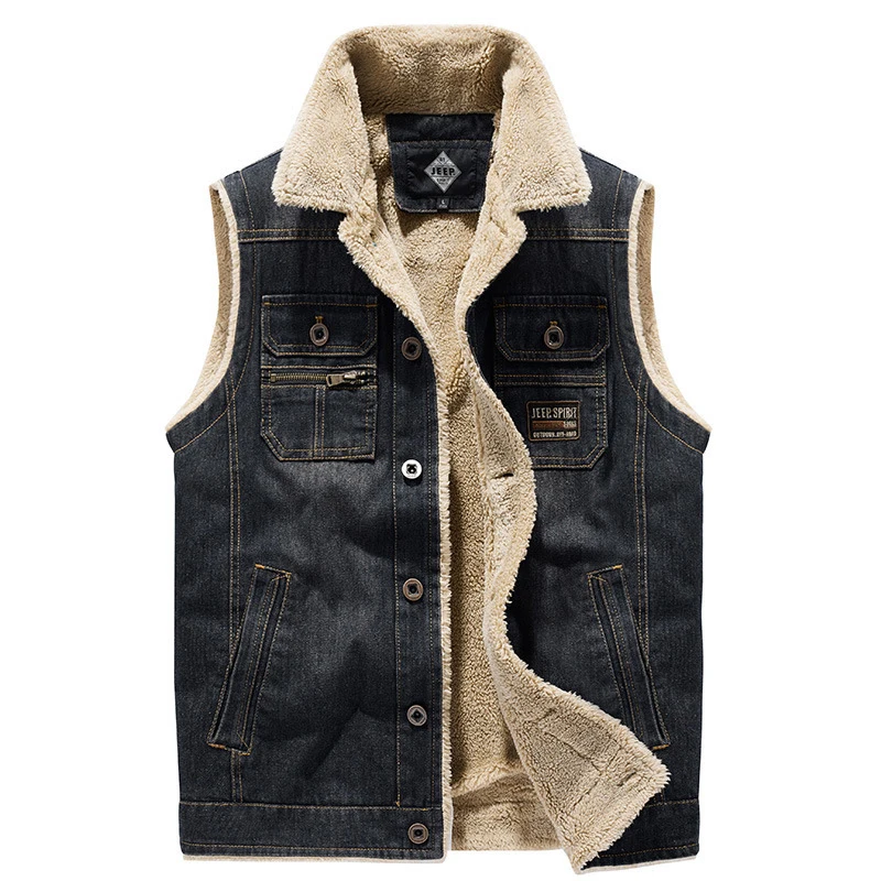 

Autumn Winter Vest Men Sleeveless Jacket Waistcoat Thick Warm Fleece Casual Denim Jackets Coats Multi-pockets Fur Collar Jacket