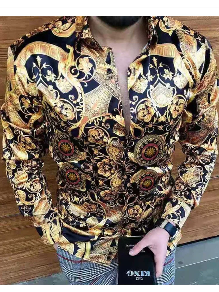 Luxury Royal Golden Men's Casual Long Sleeve Shirt Men Paisley Print Shirt Camisa Social Masculina Manga Longa Prom Party Shirt