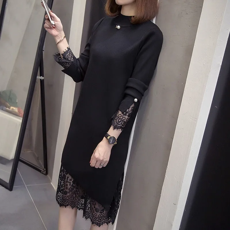 Платье-Свитер женское с длинным рукавом кружевное брошью по краю 4XL Осень-зима