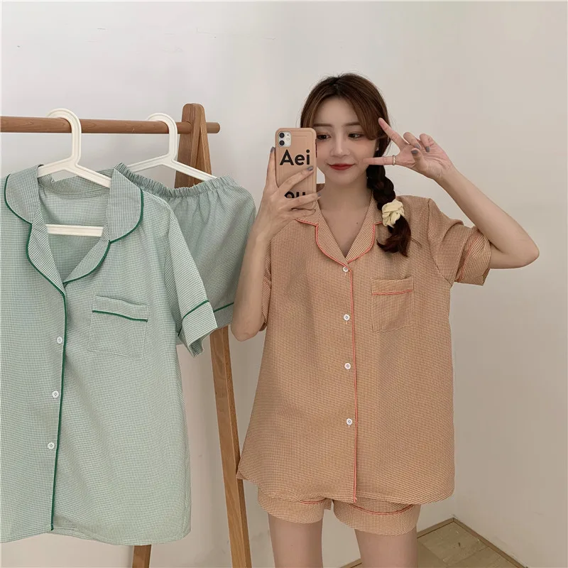 

Korean Style Lady Pyjamas Suit Pajamas Set Girls Plaid Short Sleeve Shirt Women Loose Casual Orange Green Homewear Suit Summer