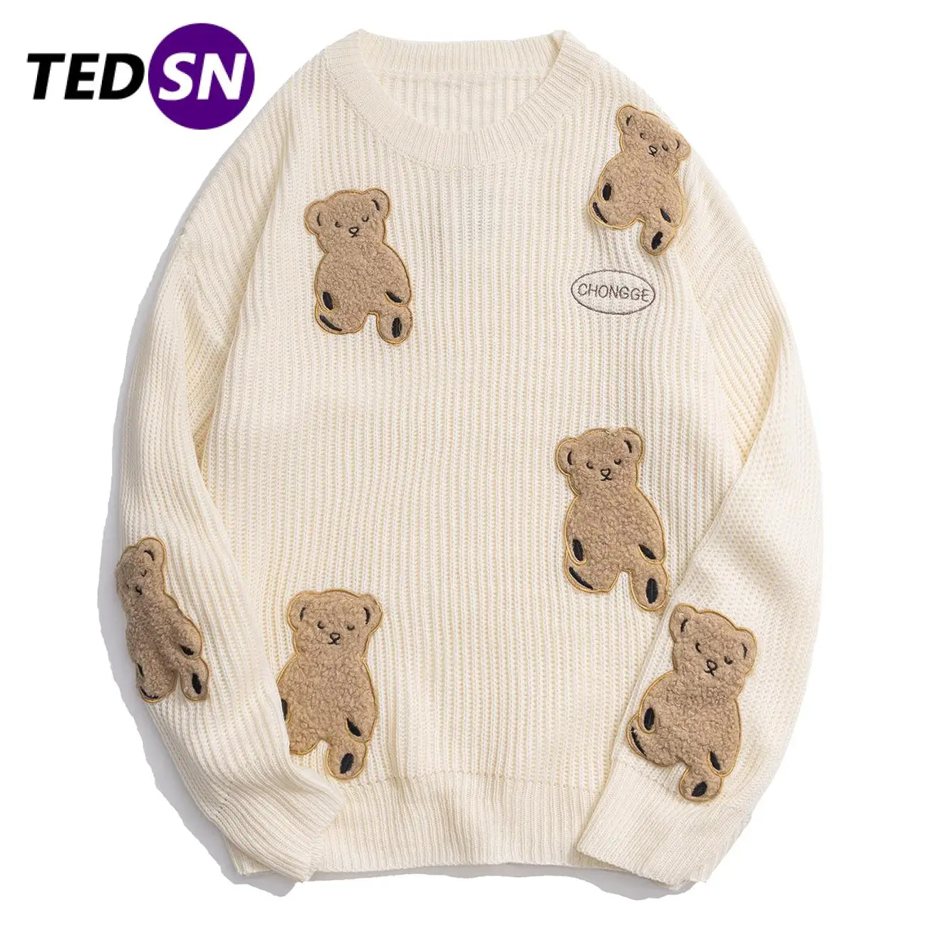 

Patch Bear Print Cartoon Knitted Sweaters Harajuku Sweater Pullover Men 2020 Winter Retro Oversized Unisex Couple Streetwear