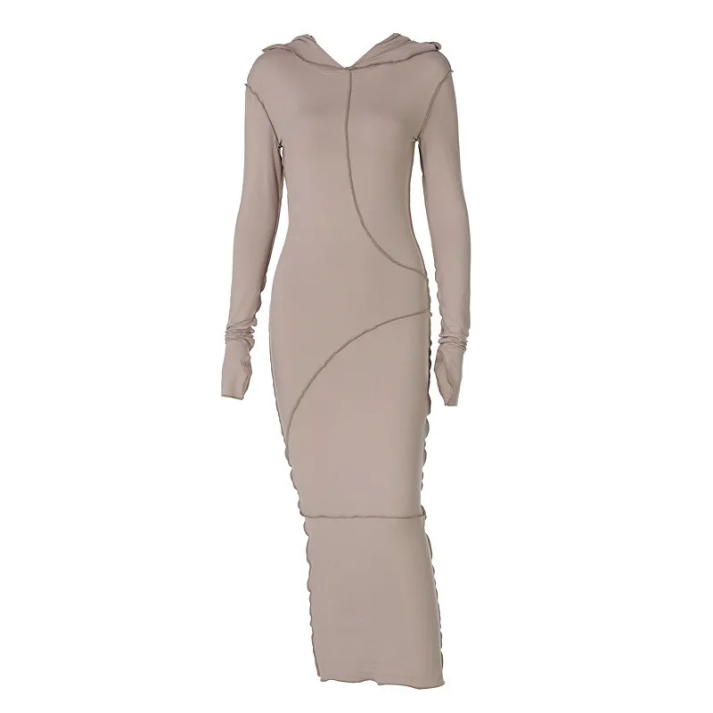 

2021 Long Sleeve Hooded Patchwork Dress Women Autumn Winter Fashion Streetwear Casual Outfits Skinny Maxi Dresses Female LR1716