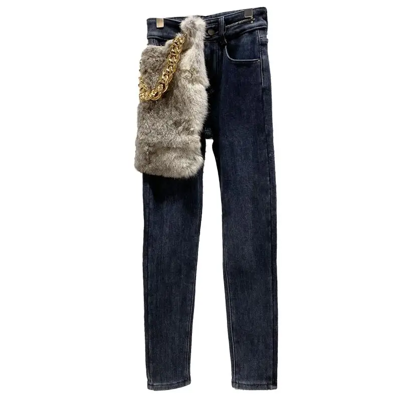 

2020 New Gold Chain Rabbit Hair Stitching Slim And Thick Pencil Jeans