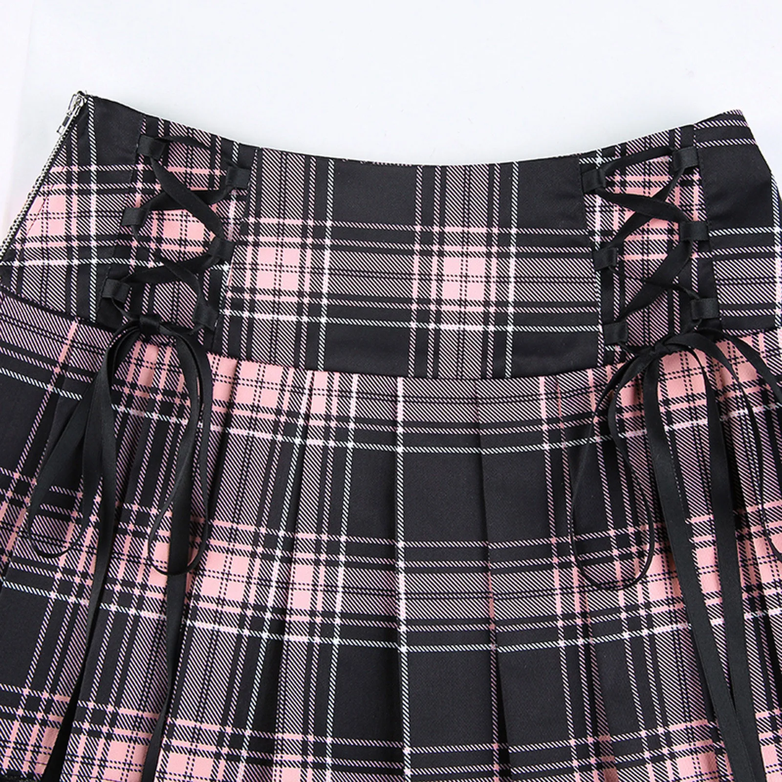 

Lace Up Mall Goth Mini Skirt Woman Lace Hem Plaid Women High Waisted A-line Lace Skirt Short Flare Mini Plaid Pleated Skirt