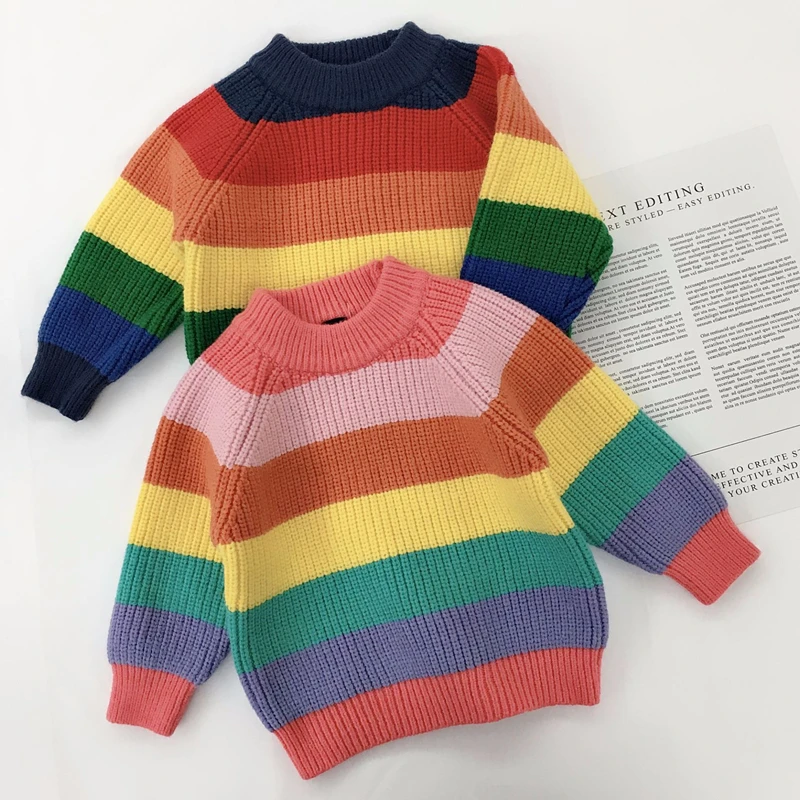 LILIGIRL/Зимний Детский свитер в радужную полоску для девочек и мальчиков