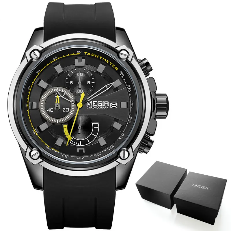 MN2086G-Black MEGIR армейские спортивные кварцевые часы для мужчин черный силиконовый ремешок военный морской хронограф наручные часы для мужчин Relogios 2086 черный - Цвет: MN2086G-Black