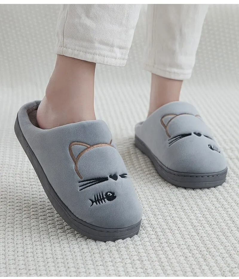 Women Winter Home Slippers Cartoon Cat Shoes Non-slip Soft Warm House Slippers Indoor Bedroom Lovers Couples Shoes