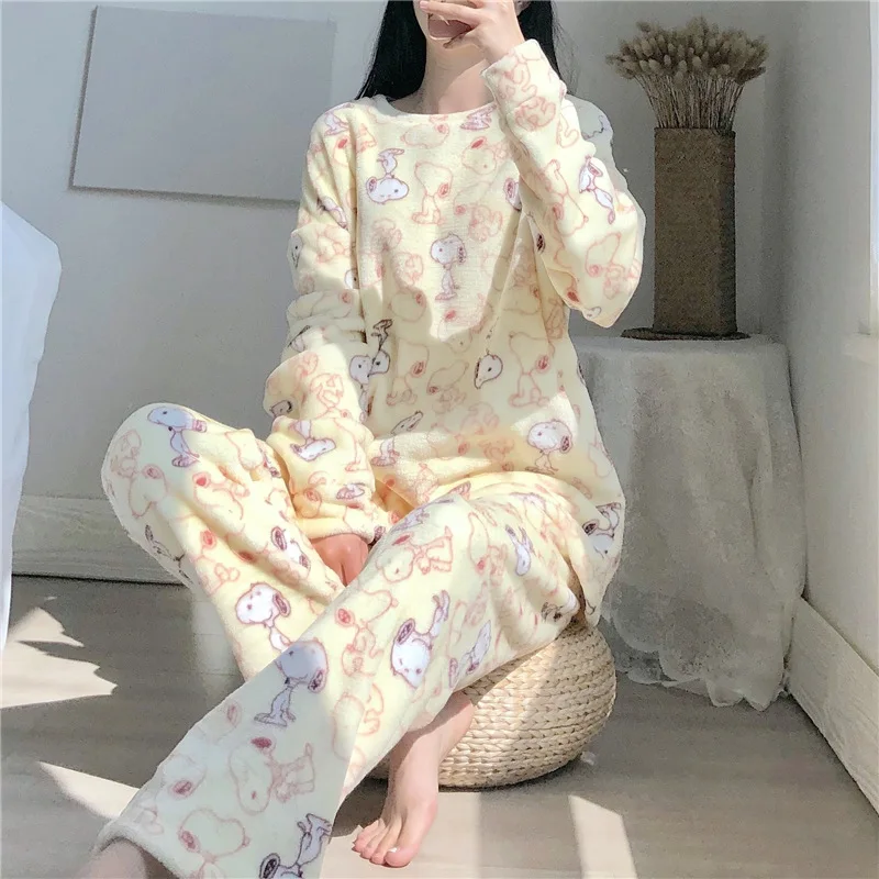 2019 Autumn Winter Women Pyjamas Sets Pajamas Sleepwear Long Sleeve Thick Warm Coral Flannel Female Print Pijama Mujer | Женская одежда