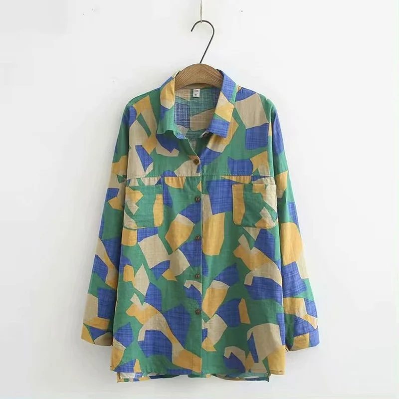 

Plus Size Women's Blouse New Tropical Geometric Printed Shirts Collared Long Sleeved Loose Tops